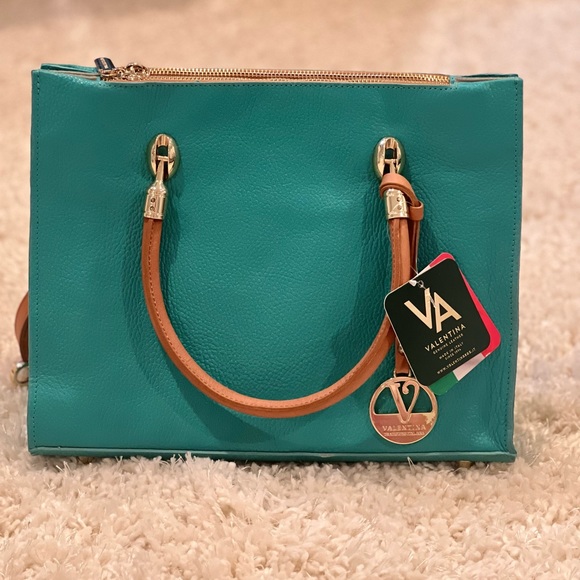 Valentina Bags Valentina Teal Leather Satchel Crossbody Bag Purse